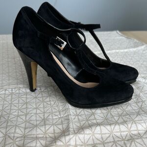 Franco Sarto Black Suede T-Strap Heels